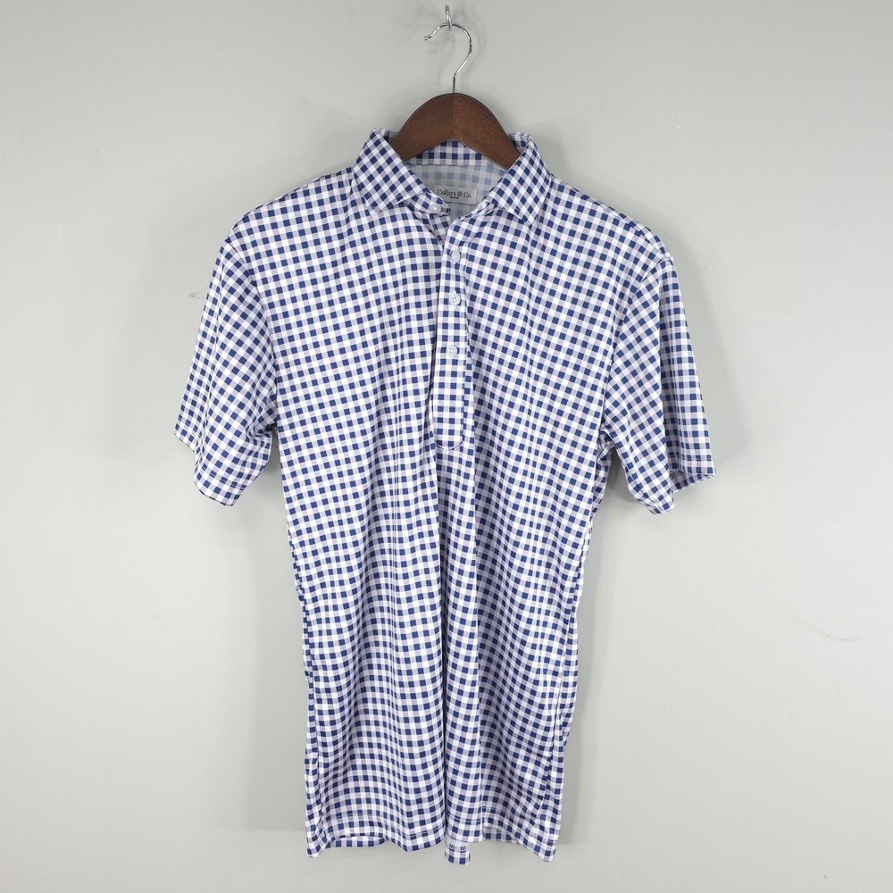 Collars & Co. Polo Shirt Mens Medium Blue Gingham Dress Collar Polyester Office